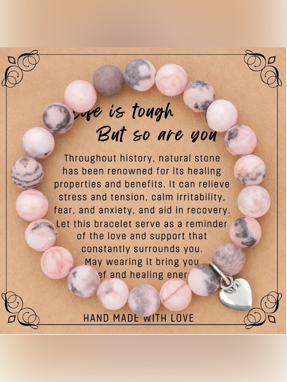 Unlisted Pink Natural Stone Beaded Bracelet with Heart Charm